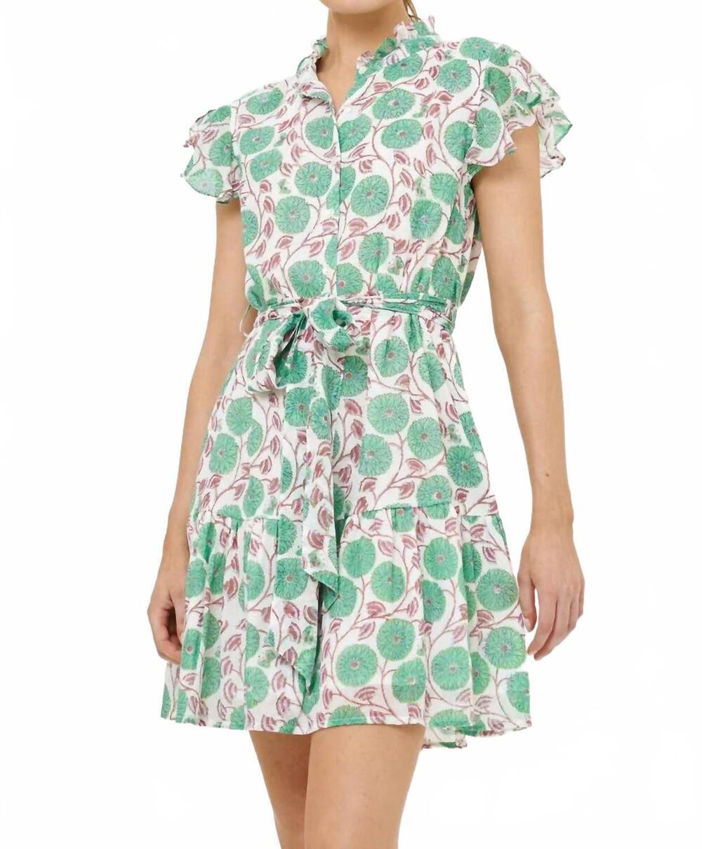 NEW OLIPHANT ruffle collar button mini dress in monarch green